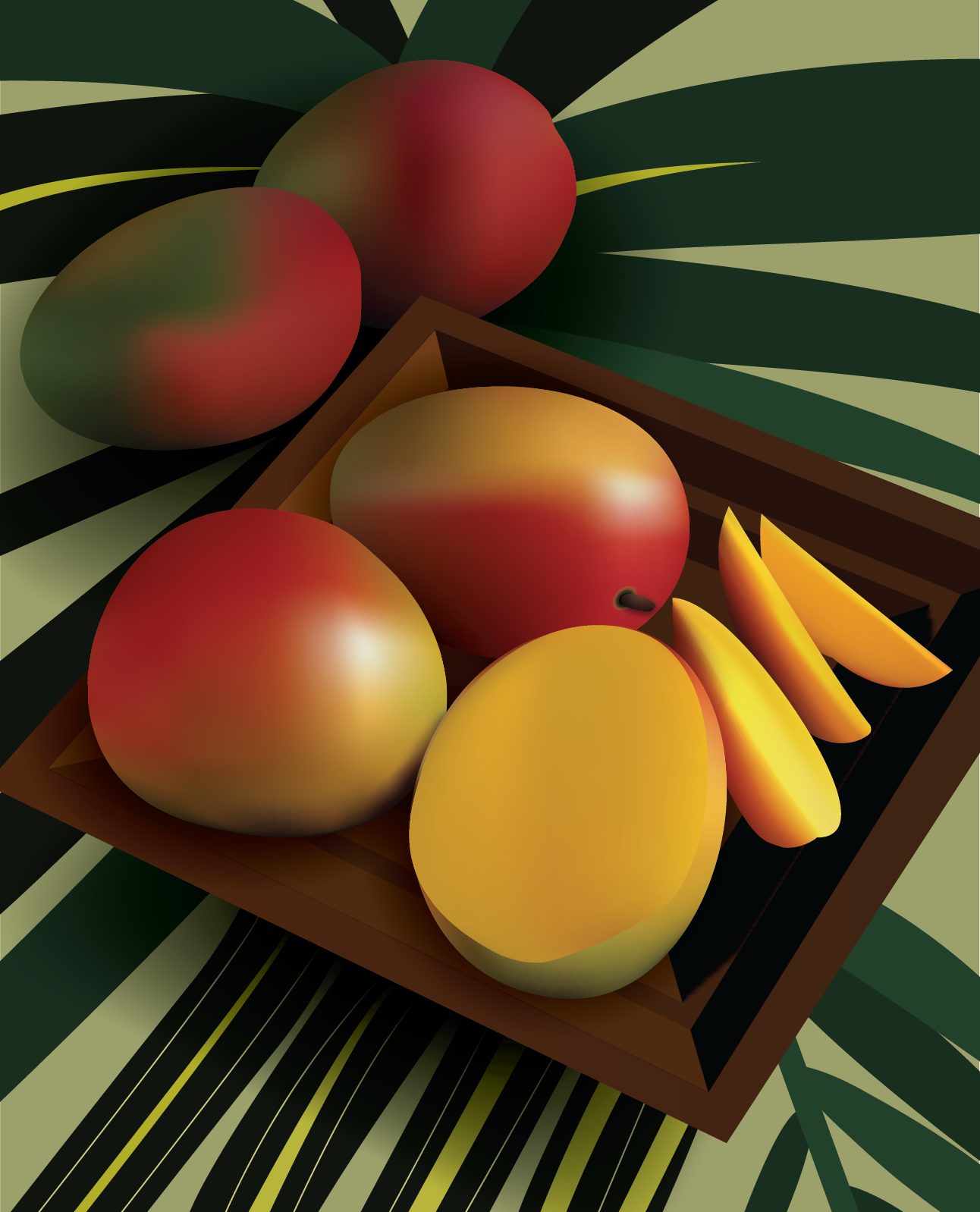 A vector illustration of cut mangoes in a wooden bowl, with palm leaves in the background.
